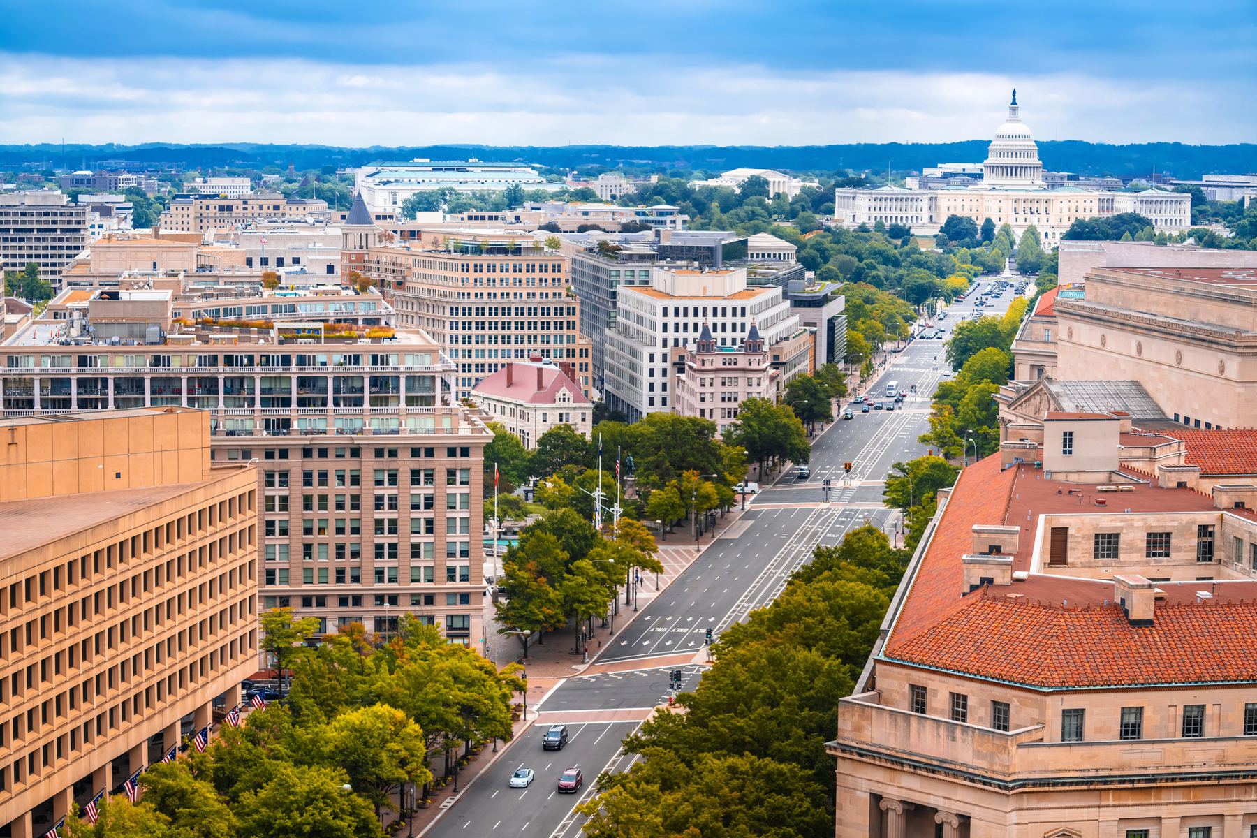 Aerial view of Washington, DC along Pennsylvania Avenue
