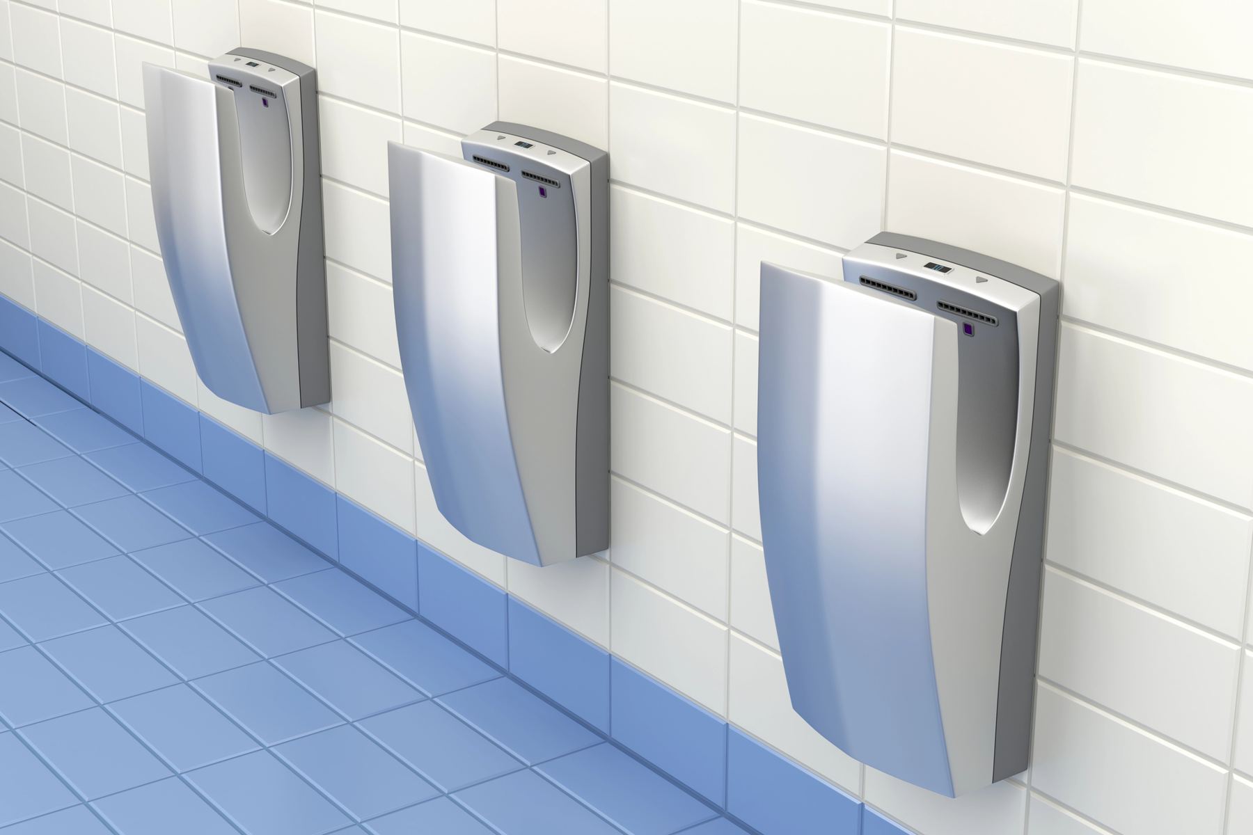 Row of high-speed hand dryers in a public washroom